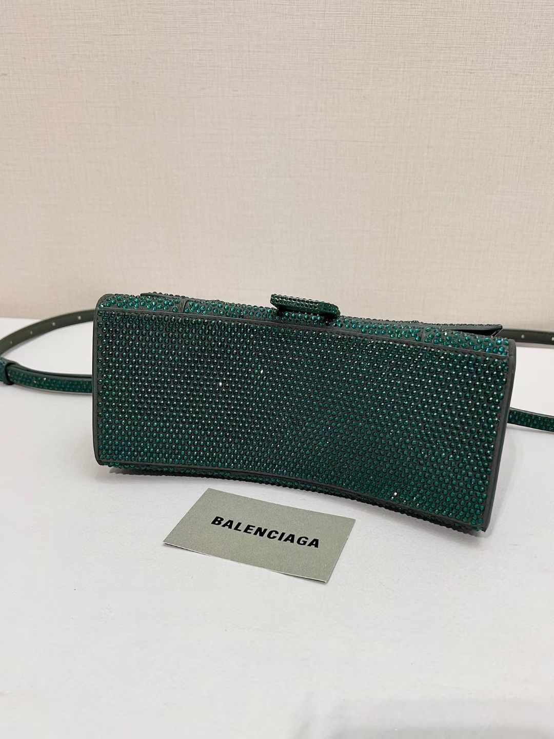 Balenciaga WOMENS HOURGLASS SMALL HANDBAG WITH RHINESTONES 592834 green