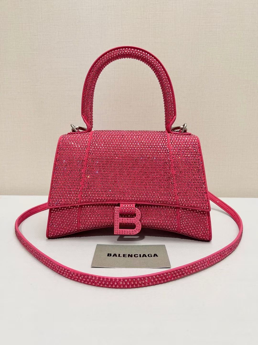 Balenciaga WOMENS HOURGLASS SMALL HANDBAG WITH RHINESTONES 592834 pink