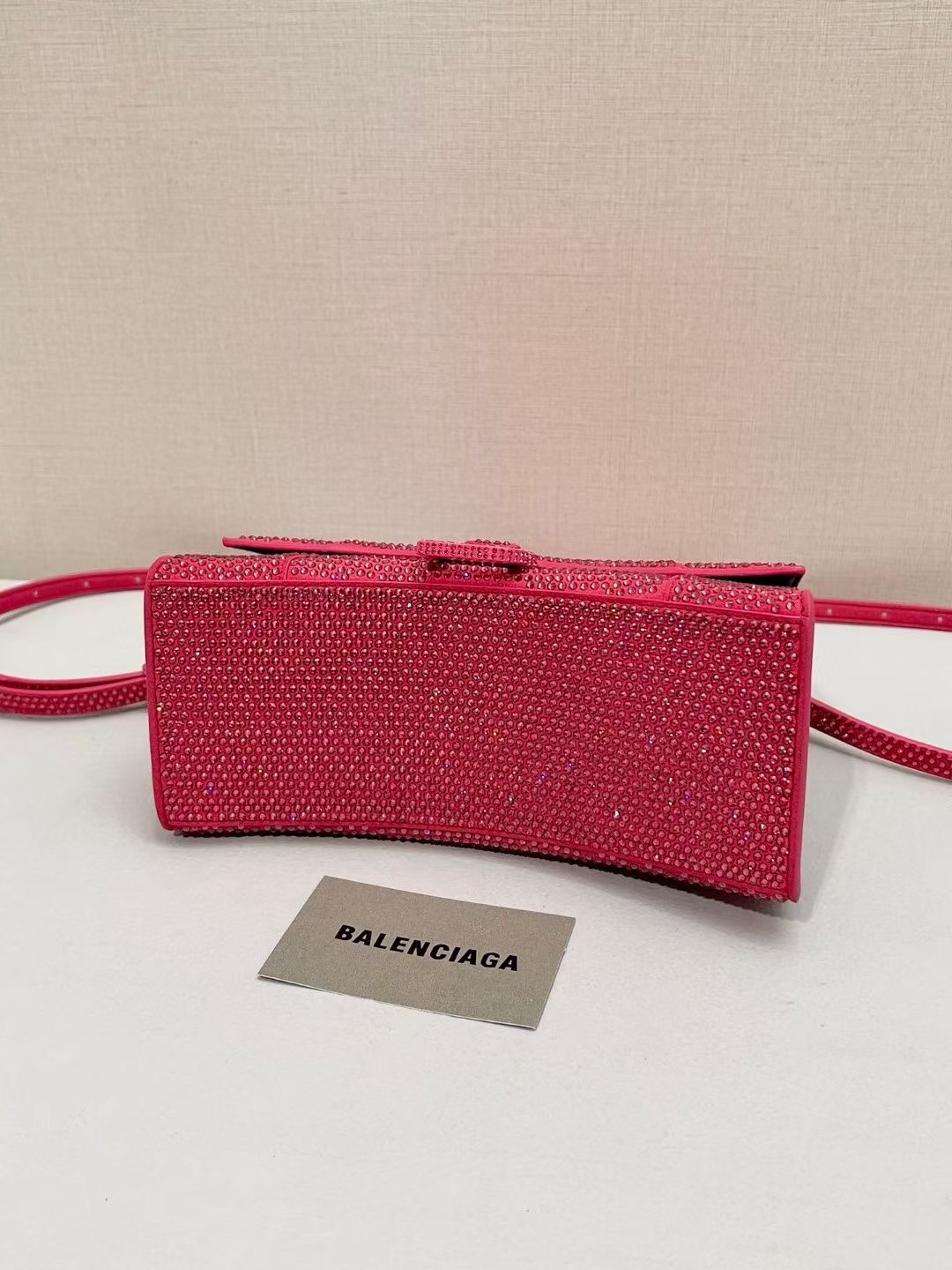 Balenciaga WOMENS HOURGLASS SMALL HANDBAG WITH RHINESTONES 592834 pink