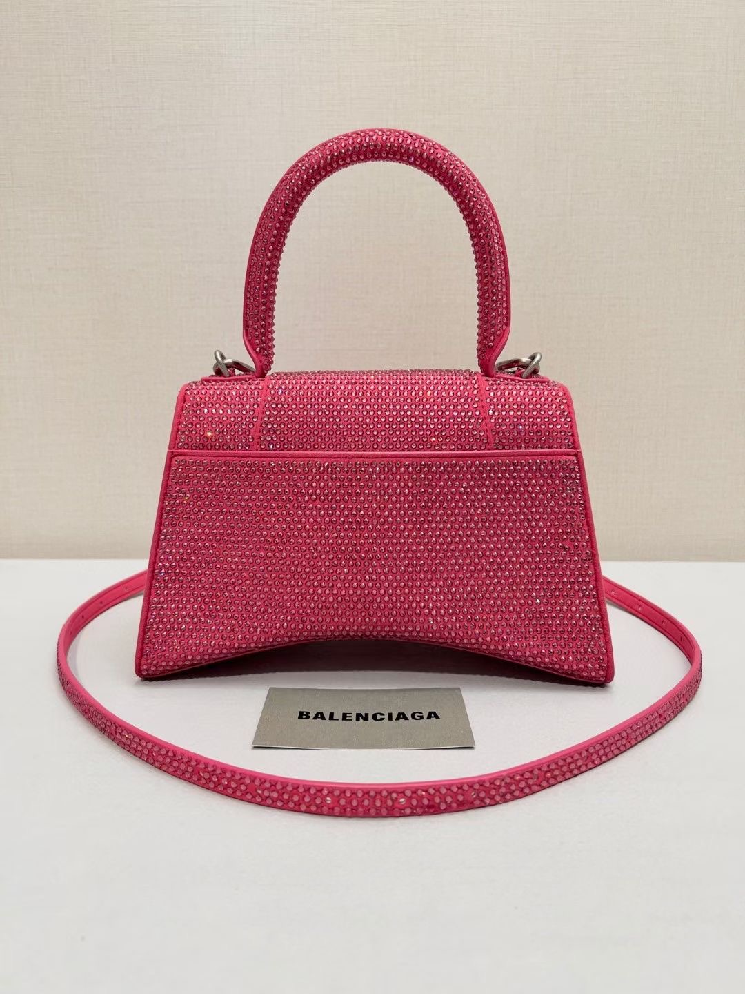 Balenciaga WOMENS HOURGLASS SMALL HANDBAG WITH RHINESTONES 592834 pink