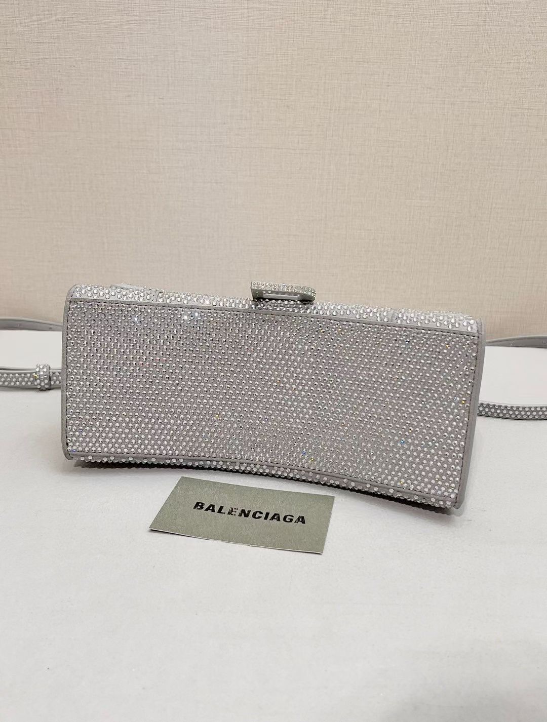 Balenciaga WOMENS HOURGLASS SMALL HANDBAG WITH RHINESTONES 592834 silver