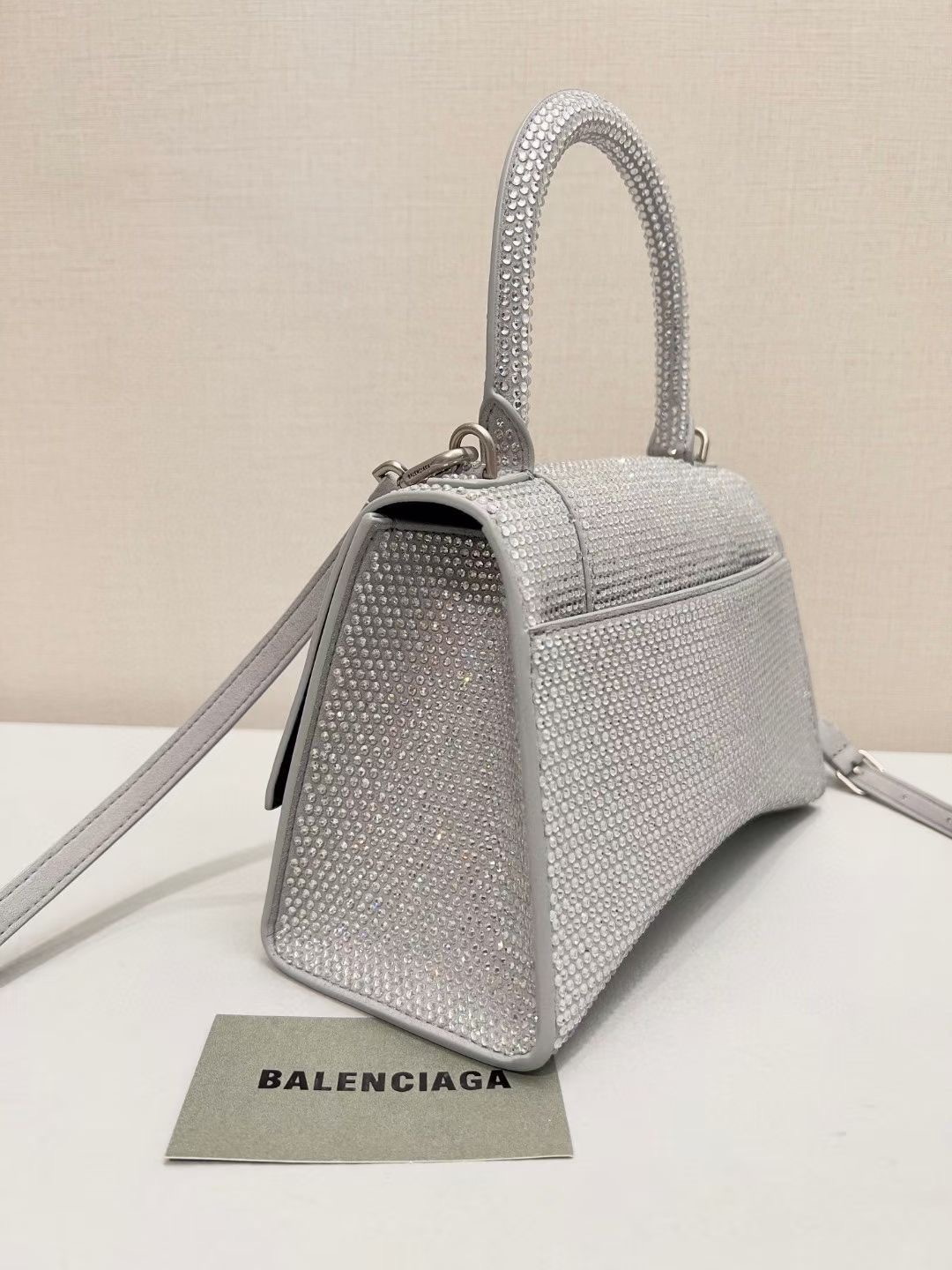 Balenciaga WOMENS HOURGLASS SMALL HANDBAG WITH RHINESTONES 592834 silver