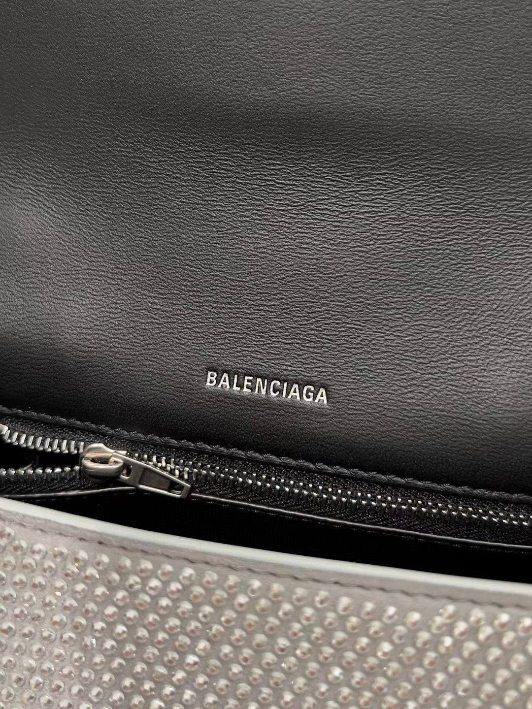 Balenciaga WOMENS HOURGLASS SMALL HANDBAG WITH RHINESTONES 592834 silver