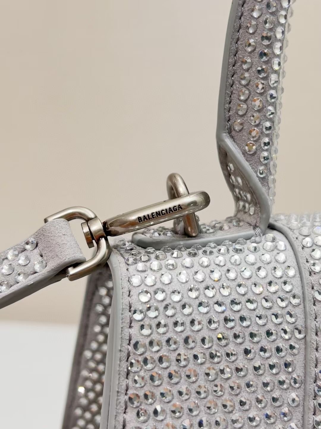 Balenciaga WOMENS HOURGLASS SMALL HANDBAG WITH RHINESTONES 592834 silver