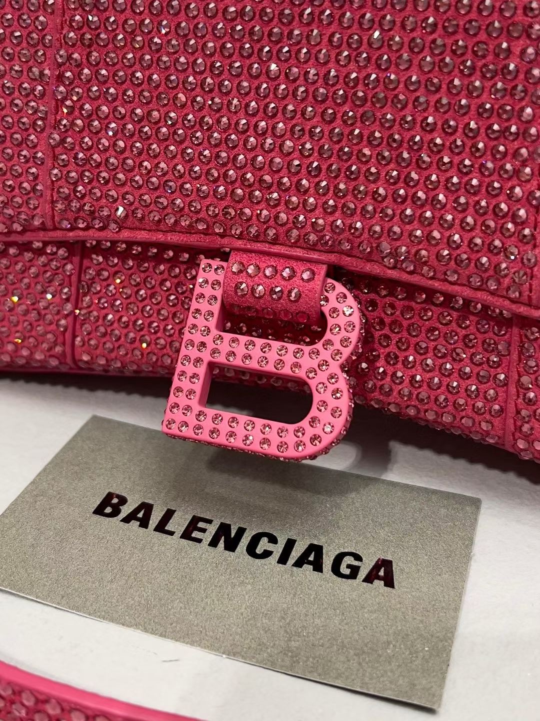 Balenciaga WOMENS HOURGLASS XS HANDBAG WITH RHINESTONES 283328 IN PINK