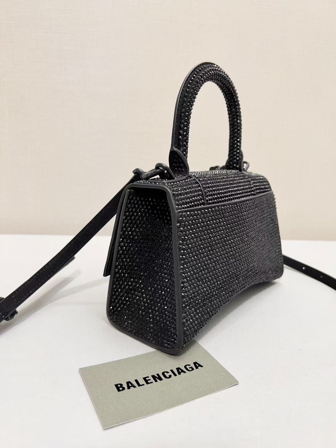 Balenciaga WOMENS HOURGLASS XS HANDBAG WITH RHINESTONES 283328 IN black