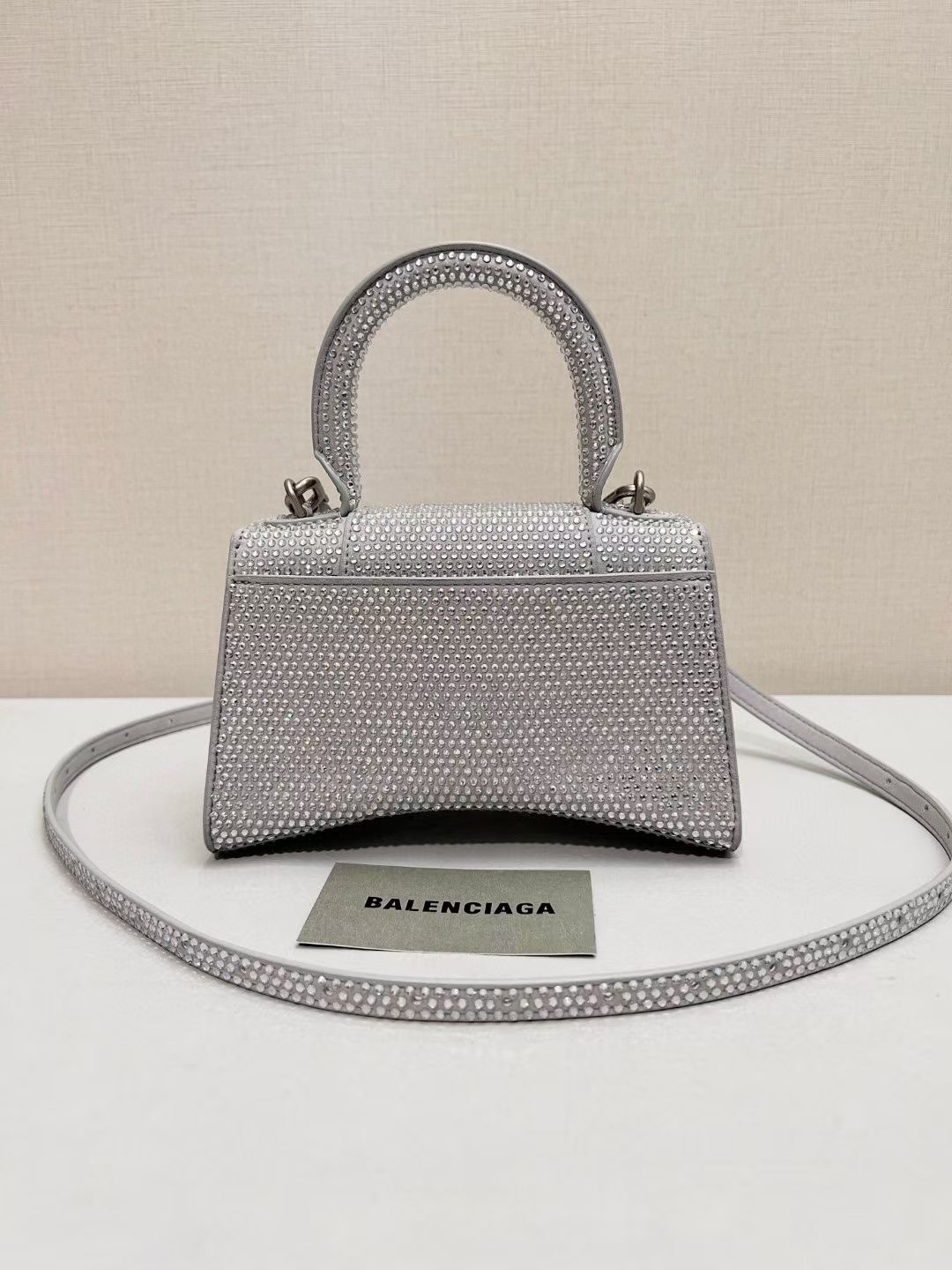 Balenciaga WOMENS HOURGLASS XS HANDBAG WITH RHINESTONES 283328 IN silver