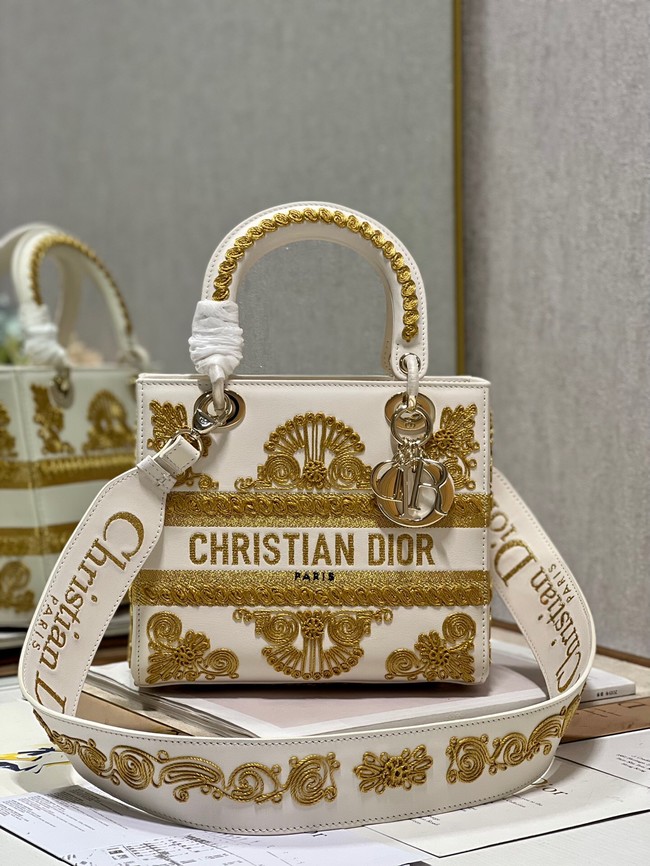 DIOR MEDIUM LADY D-LITE BAG gold and White Ornamental Cornely-Effect Embroidery M0565O