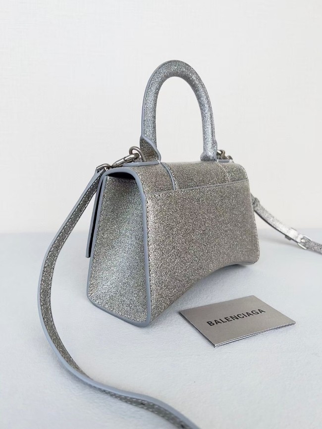 Balenciaga WOMENS HOURGLASS XS HANDBAG IN SPARKLING FABRIC 592833 IN SILVER