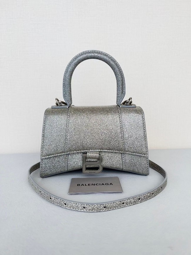 Balenciaga WOMENS HOURGLASS XS HANDBAG IN SPARKLING FABRIC 592833 IN SILVER