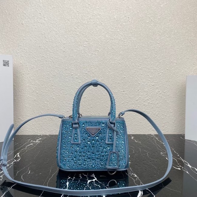 Prada Galleria satin mini-bag with crystals 1BA906 sky blue