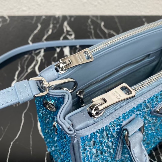 Prada Galleria satin mini-bag with crystals 1BA906 sky blue