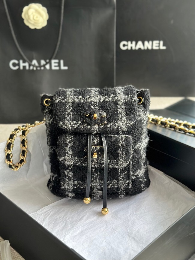 Chanel BACKPACK Wool Tweed & Gold-Tone Metal AS3615 Black & Gray