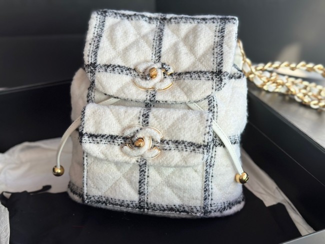 Chanel BACKPACK Wool Tweed & Gold-Tone Metal AS3615 white