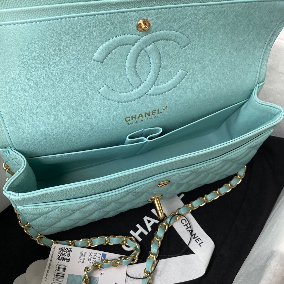 Chanel 2.55 Series Flap Bag Original Caviar Leather Y01295 A01112 Blue Gold-Tone hardware