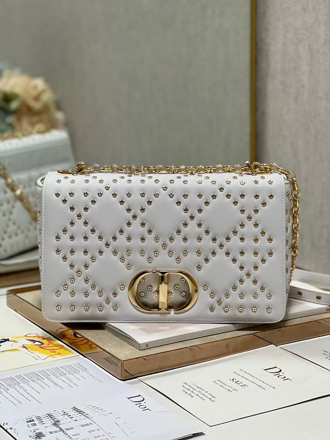 DIOR CARO MACROCANNAGE POUCH Macrocannage Calfskin with Star Motif C3136 white&gold