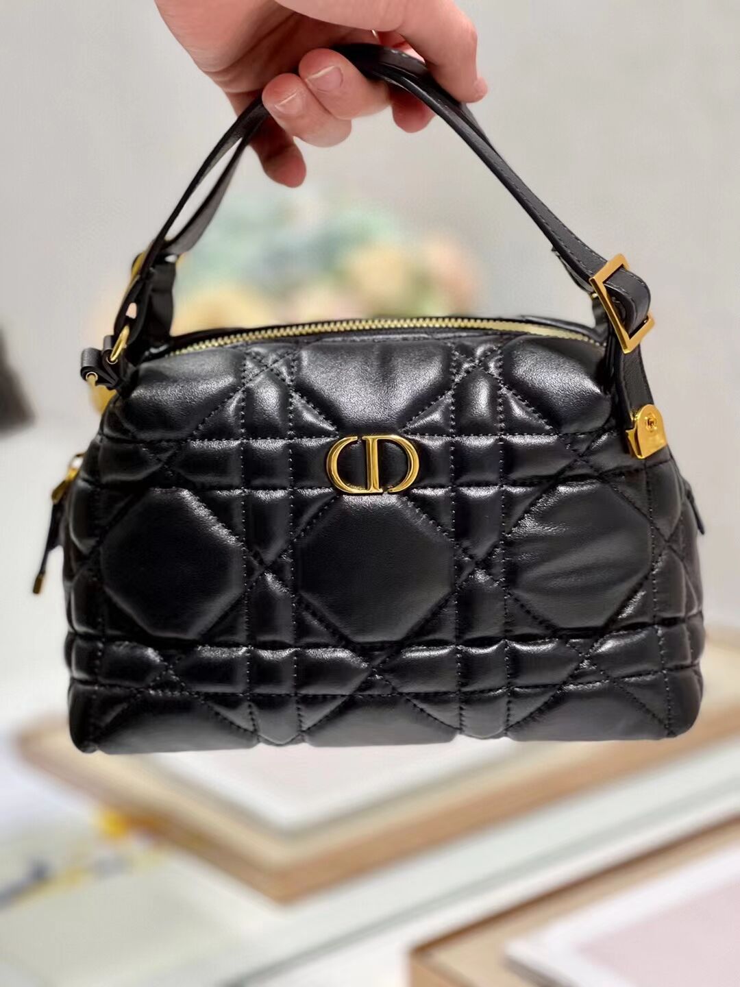 LADY DIOR TOP HANDLE SMALL BAG Latte Cannage Lambskin C0655 BLACK