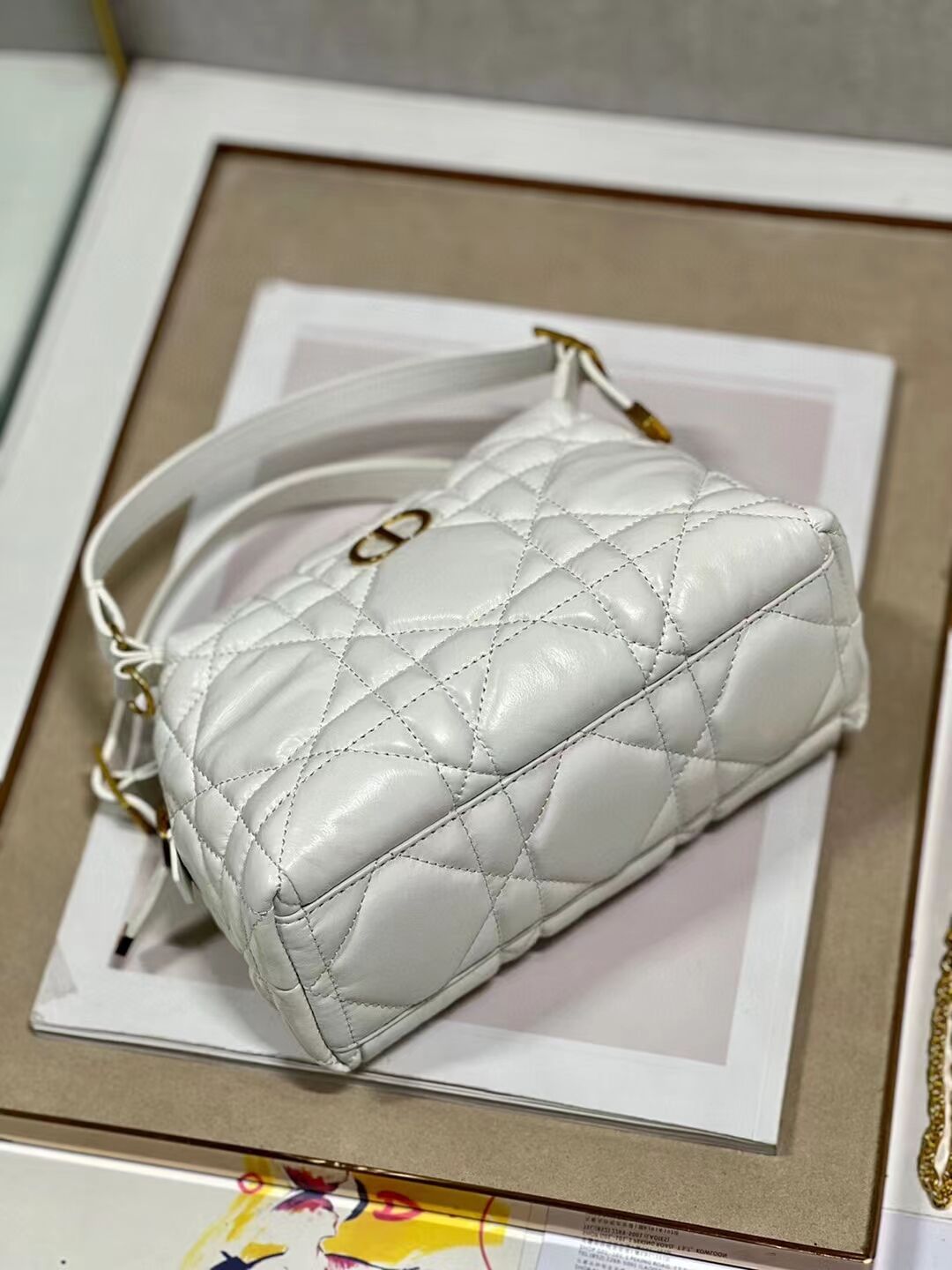 LADY DIOR TOP HANDLE SMALL BAG Latte Cannage Lambskin C0655 WHITE