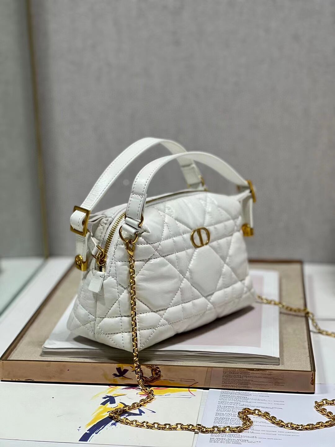 LADY DIOR TOP HANDLE SMALL BAG Latte Cannage Lambskin C0655 WHITE