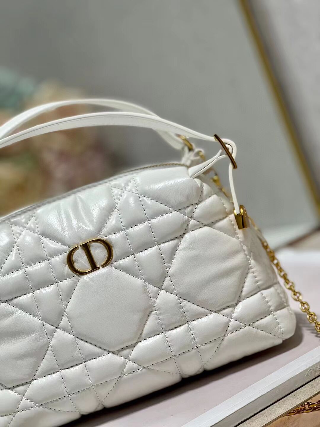 LADY DIOR TOP HANDLE SMALL BAG Latte Cannage Lambskin C0655 WHITE