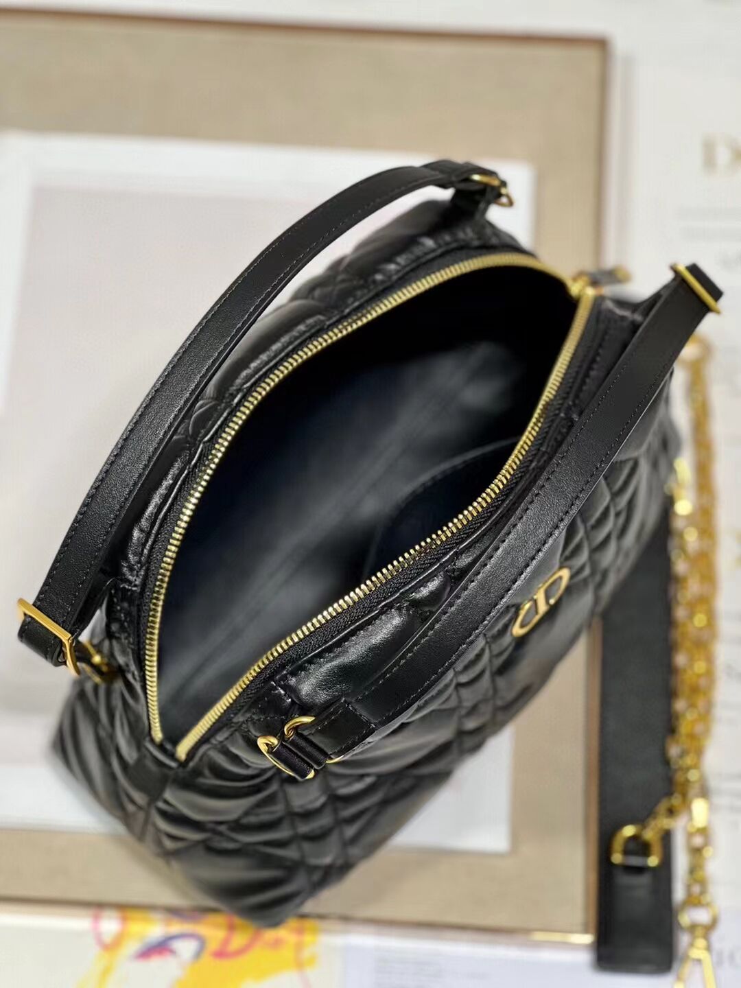 LADY DIOR TOP HANDLE SMALL BAG Latte Cannage Lambskin C0656 BLACK