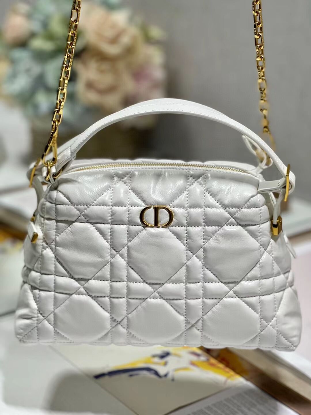 LADY DIOR TOP HANDLE SMALL BAG Latte Cannage Lambskin C0656 WHITE