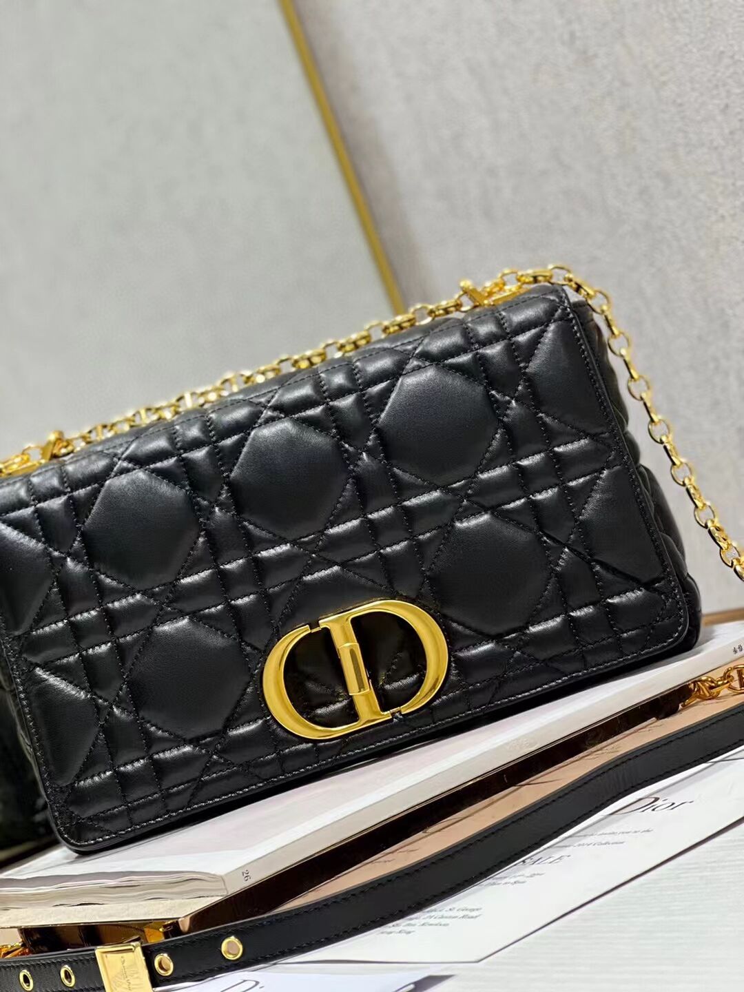 LARGE DIOR CARO BAG Supple Cannage Calfskin C3155 black&gold