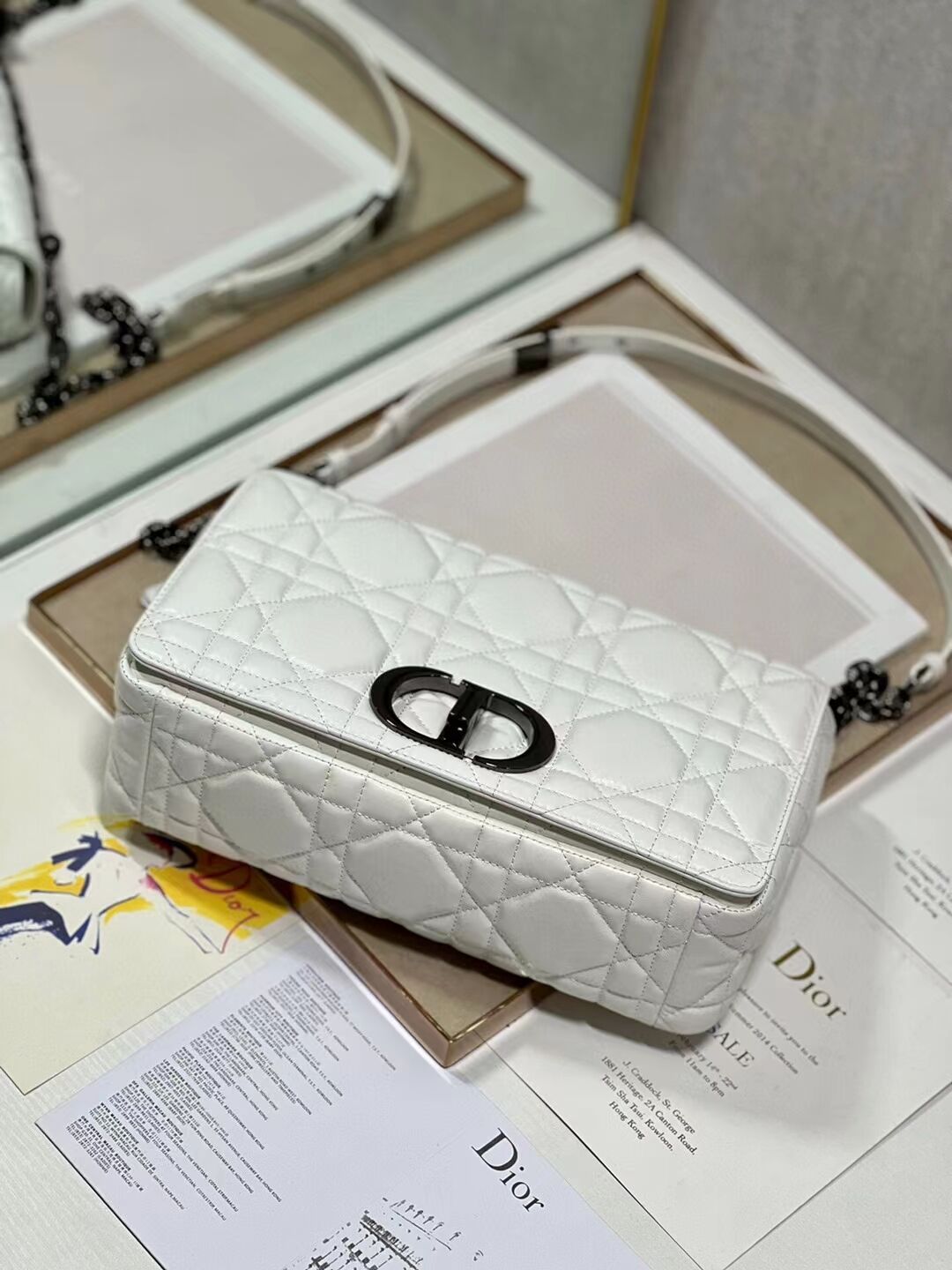 LARGE DIOR CARO BAG Supple Cannage Calfskin C3155 white&black