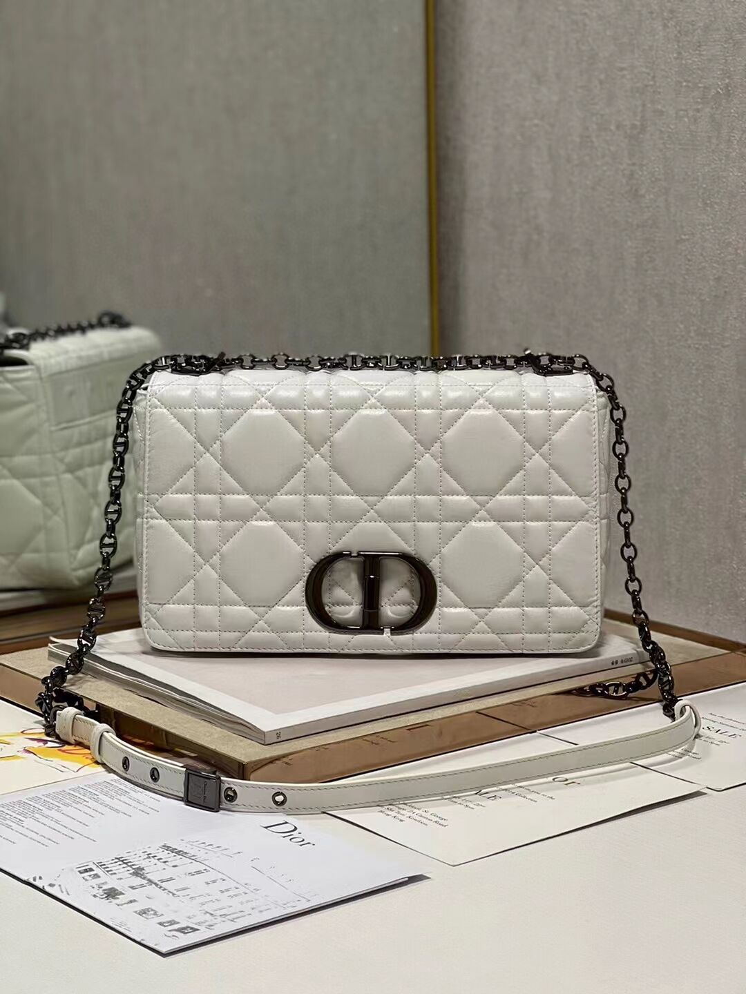 LARGE DIOR CARO BAG Supple Cannage Calfskin C3155 white&black