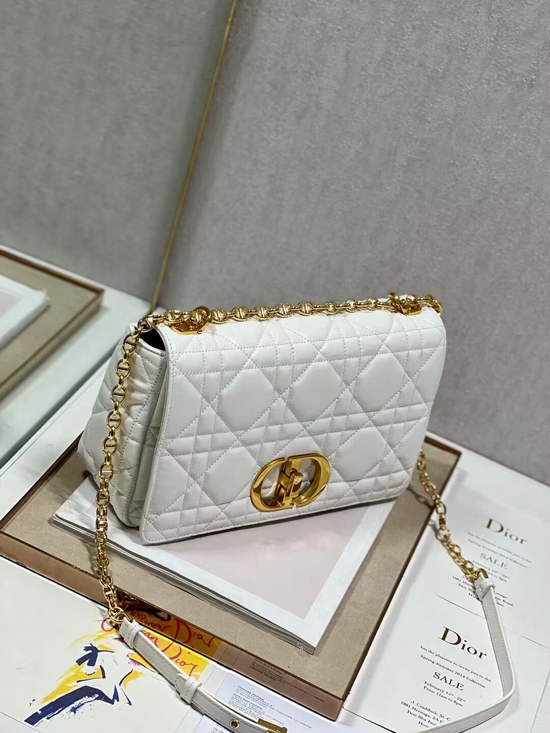 LARGE DIOR CARO BAG Supple Cannage Calfskin C3155 white&gold