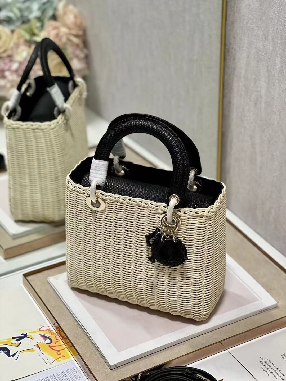 MEDIUM LADY DIOR BAG Natural Wicker and Black Lizard skin M0565 