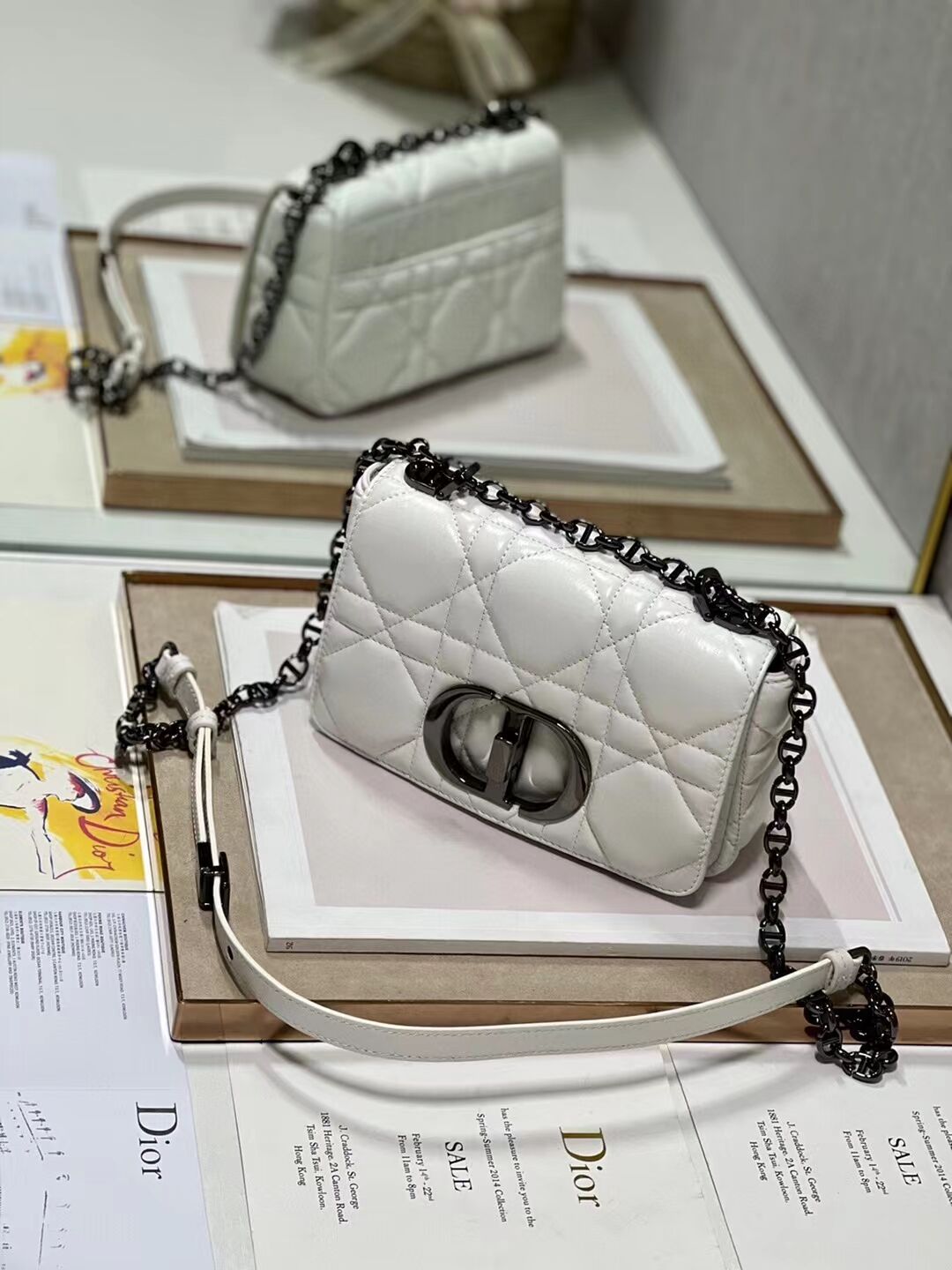 SMALL DIOR CARO BAG Supple Cannage Calfskin M9241U white&black