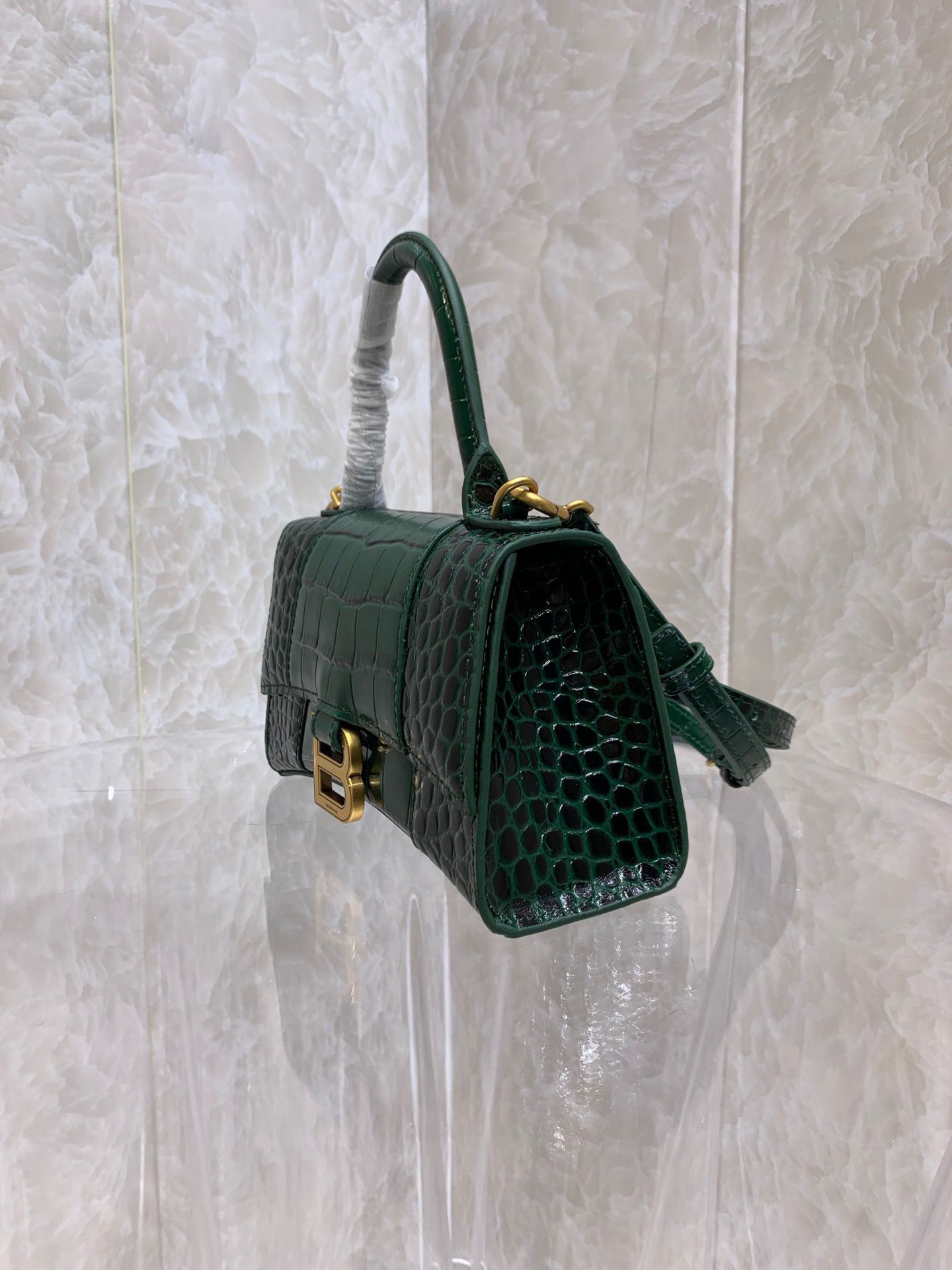 Balenciaga HOURGLASS SMALL TOP HANDLE BAG crocodile embossed calfskin B108895E Dark Green