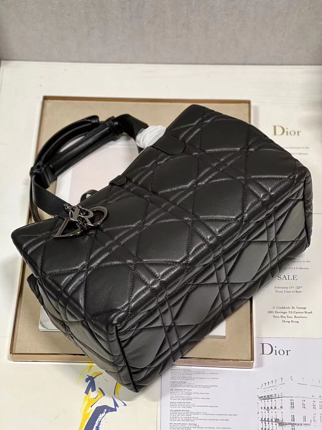 LADY DIOR TOP HANDLE LARGE BAG Latte Cannage Lambskin C0089 BLACK&BLACK