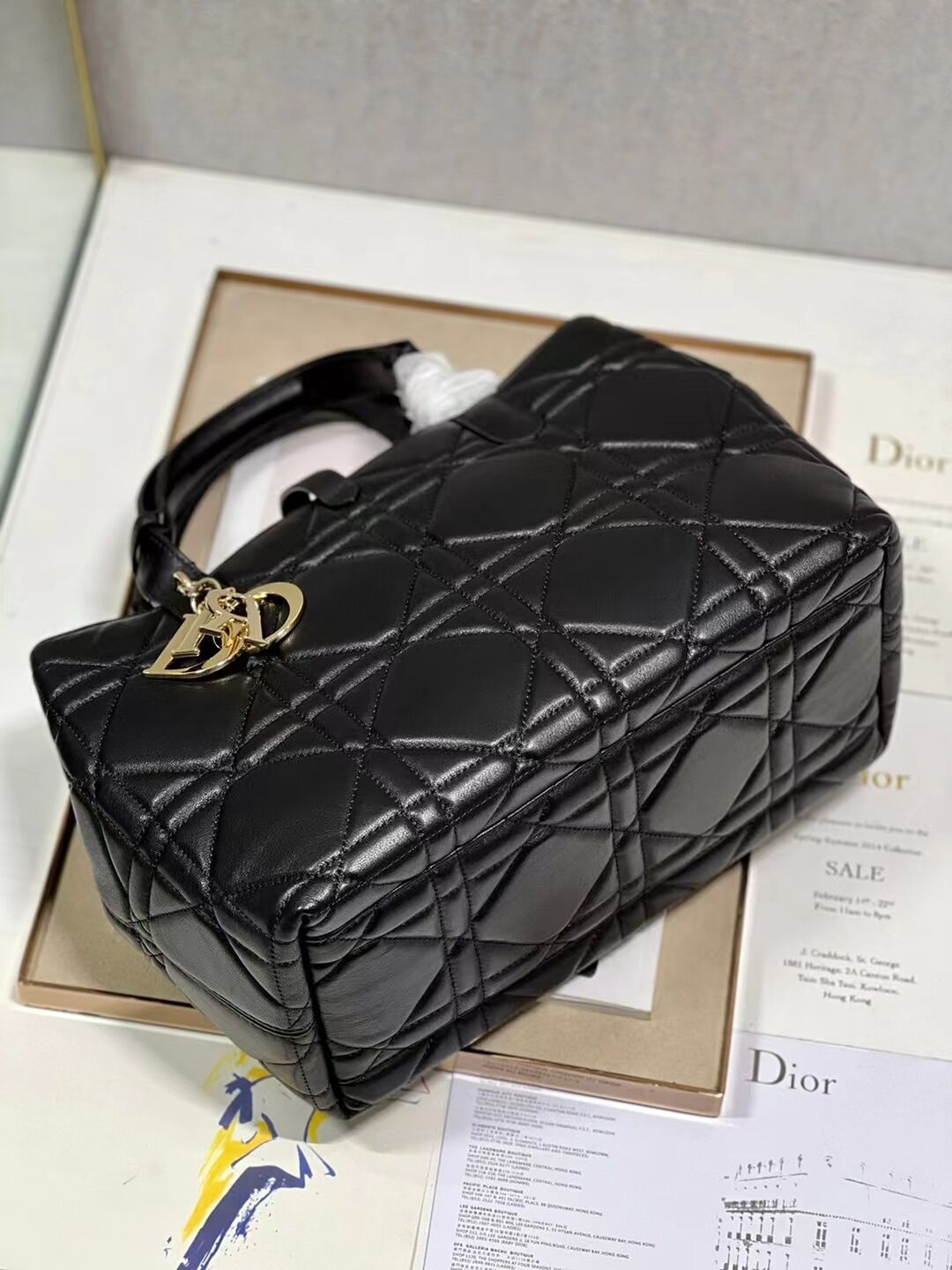 LADY DIOR TOP HANDLE MEDIUM BAG Latte Cannage Lambskin C0089 BLACK&GOLD