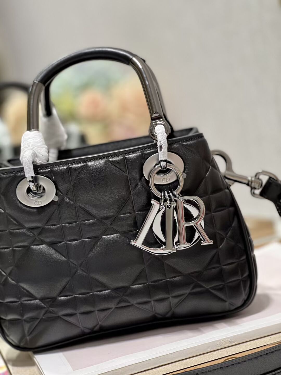 LADY DIOR TOP HANDLE SMALL BAG Latte Cannage Lambskin C9228 BLACK&BLACK