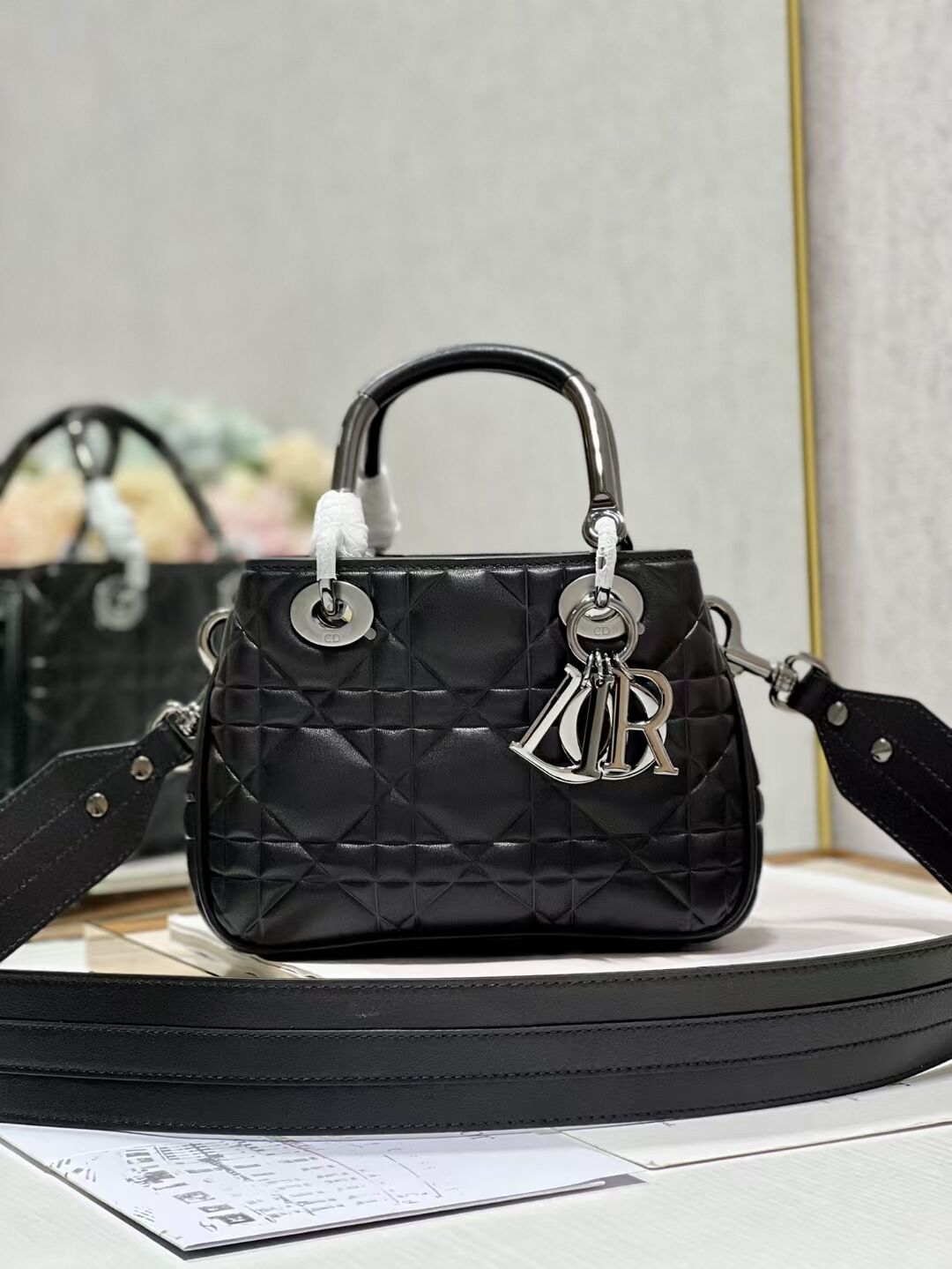 LADY DIOR TOP HANDLE SMALL BAG Latte Cannage Lambskin C9228 BLACK&BLACK