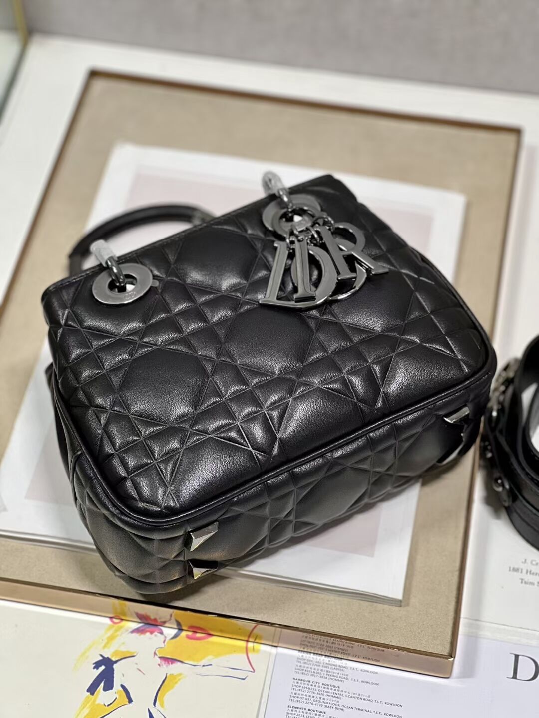 LADY DIOR TOP HANDLE SMALL BAG Cannage Lambskin C9228 BLACK&BLACK