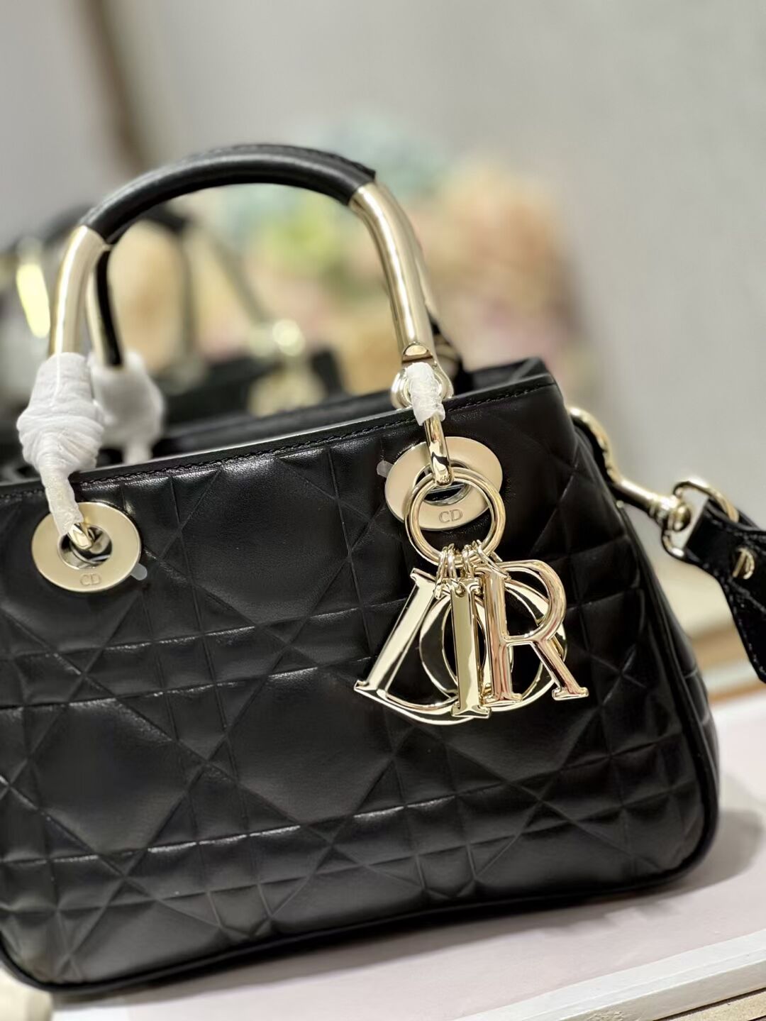 LADY DIOR TOP HANDLE SMALL BAG Latte Cannage Lambskin C9228 BLACK&GOLD