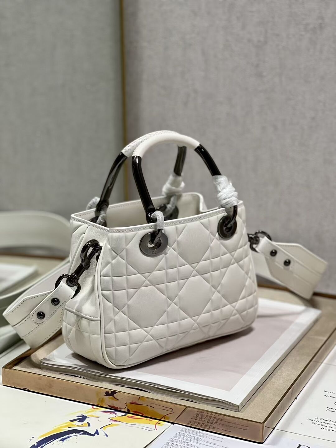 LADY DIOR TOP HANDLE SMALL BAG Latte Cannage Lambskin C9228 WHITE&BLACK