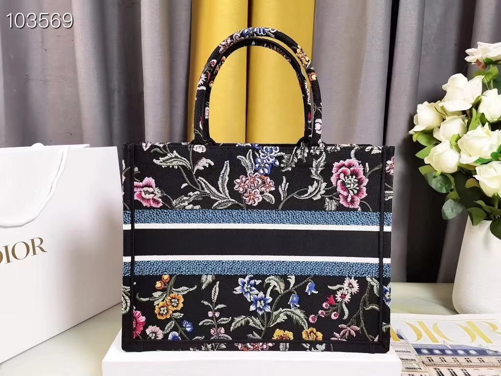 MEDIUM DIOR BOOK TOTE Black Multicolor Dior Petites Fleurs Embroidery M1296Z-33