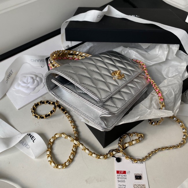 Chanel MINI FLAP BAG CLUTCH WITH CHAIN Gold-Tone Metal AP3240 silver