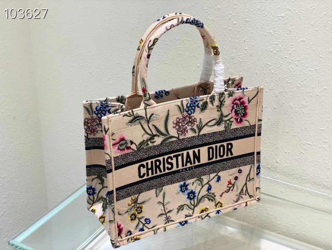 MEDIUM DIOR BOOK TOTE Natural Multicolor Raffia Embroidered with Dior Petites Fleurs M1296ZEB