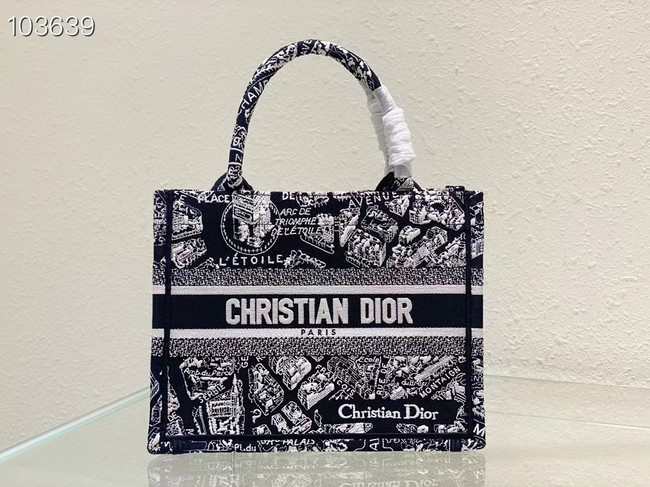 SMALL DIOR BOOK TOTE Black and White Plan de Paris Embroidery M1265ZC