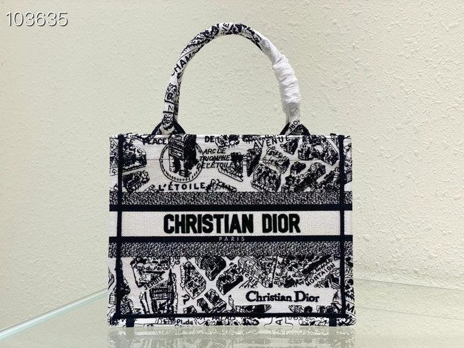 SMALL DIOR BOOK TOTE White and Black Plan de Paris Embroidery M1265ZC