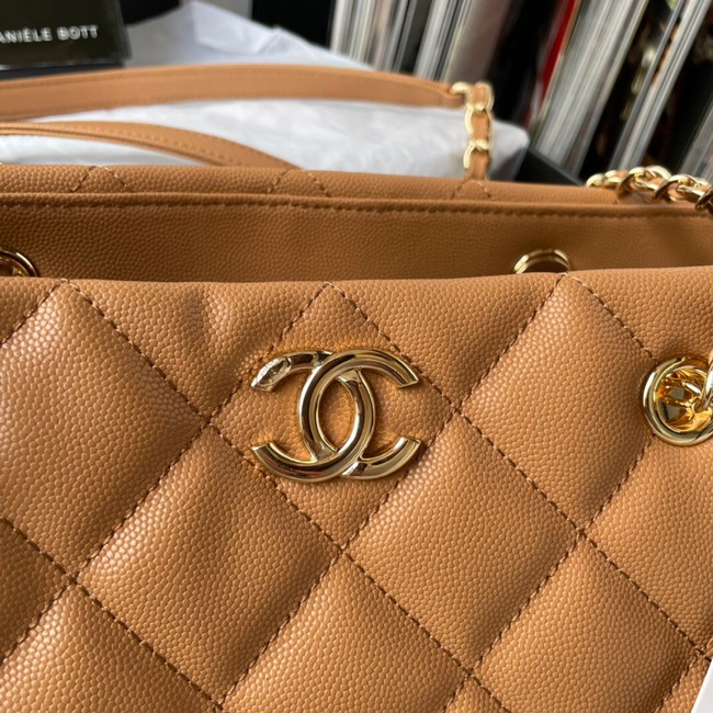 Chanel Grained Shiny Calfskin & Gold-Tone Metal Shoulder Bag YO1864 brown