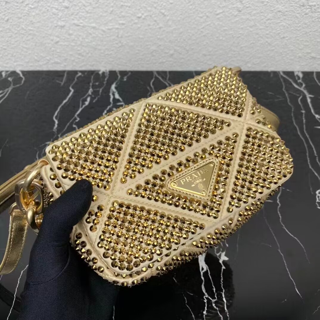 Prada Crystal-studded satin pouch 1HD339 gold