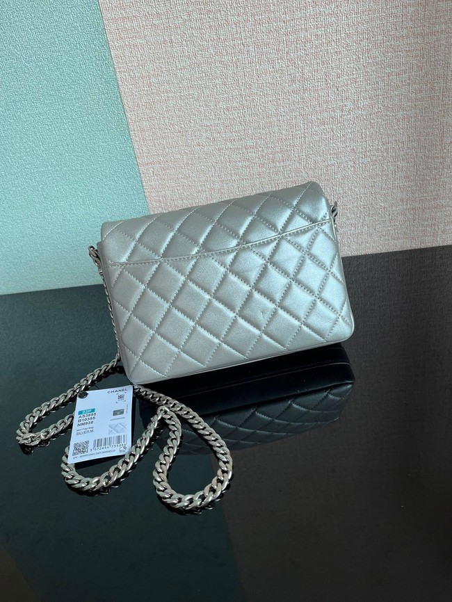 Chanel SMALL FLAP BAG Lambskin & silver-Tone Metal AS3855 silver