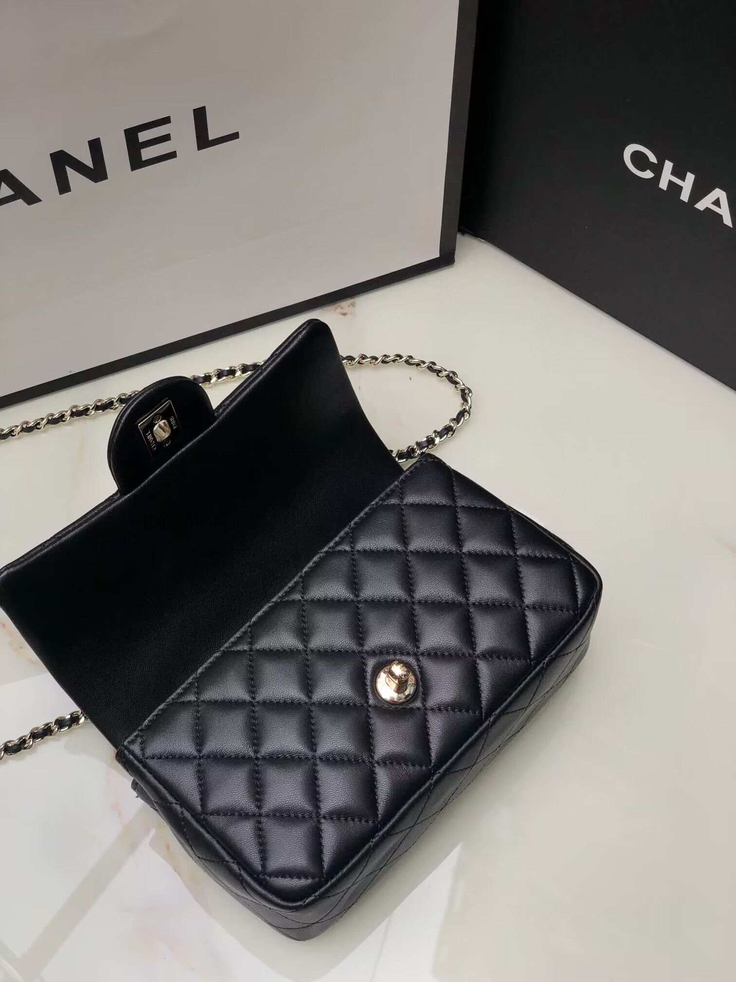 CHANEL mini flap bag with top handle AS2431 Black&Gold-Tone