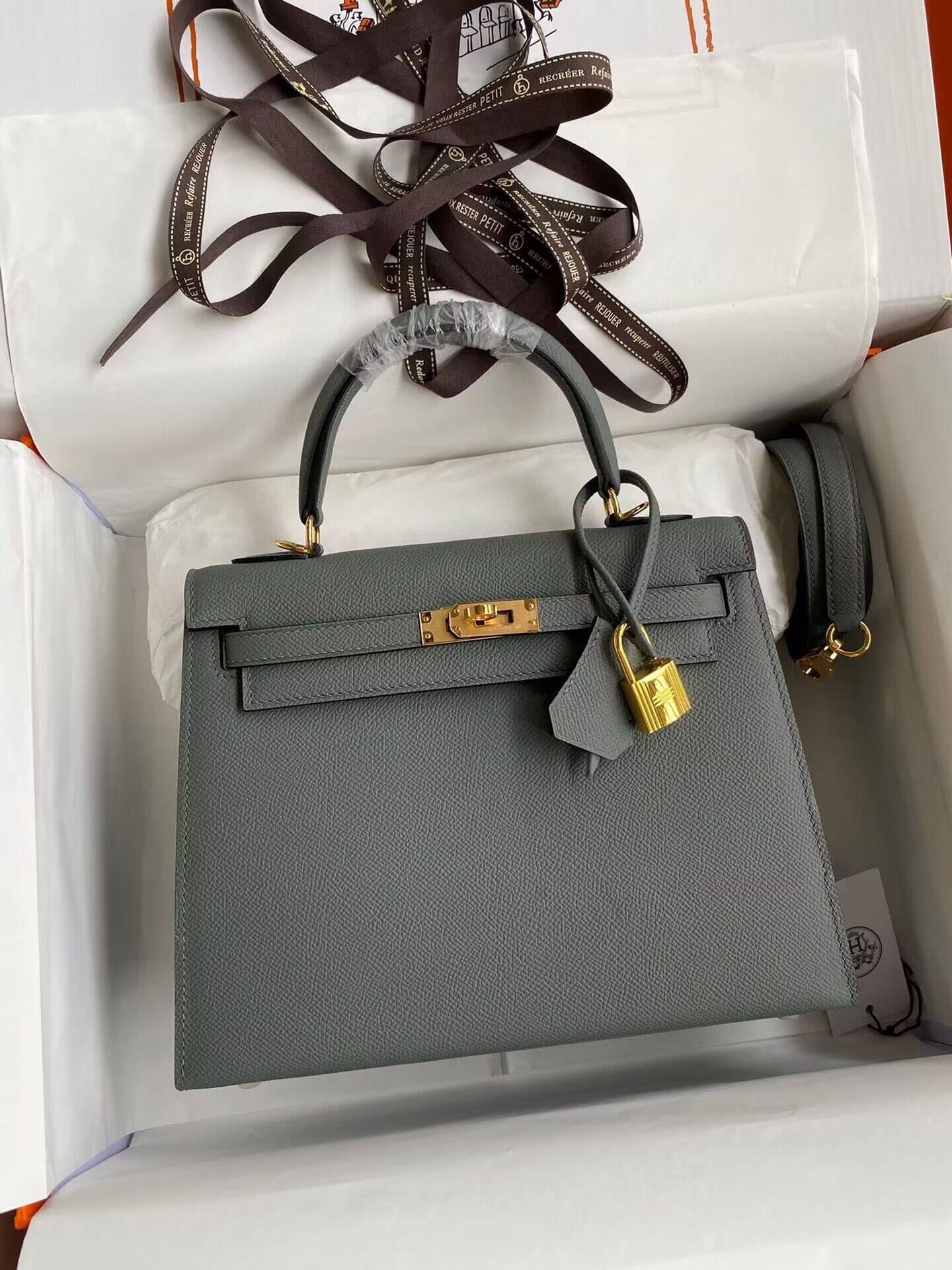 Hermes Kelly 25cm Shoulder Bags Original Epsom Leather KL2755 Vert amande Green&gold